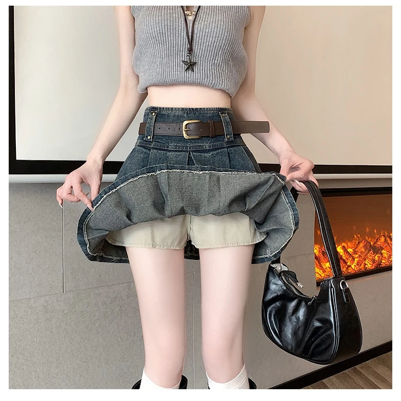 蓝色复古牛仔百褶裙女春夏新款小个子高腰显瘦A字设计感半身短裙