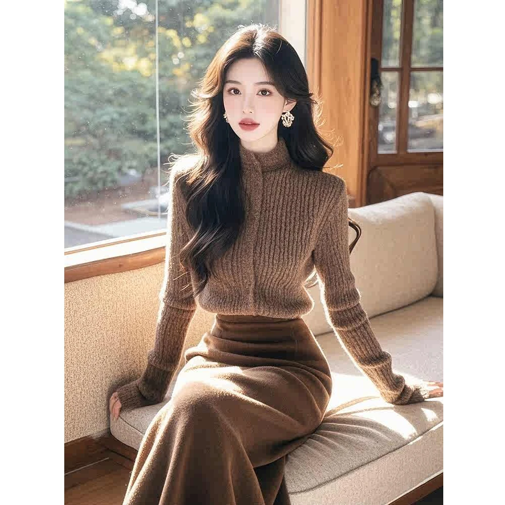 时髦精穿搭盐系轻熟美拉德复古高级感棕色毛衣半身裙两件套装女冬