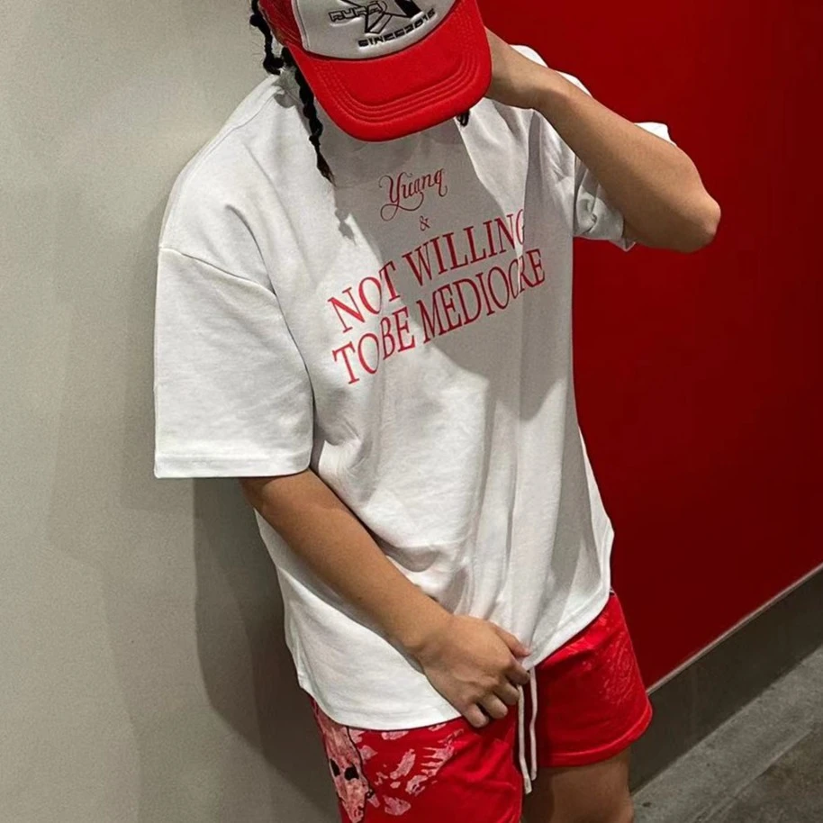 YUANQ不甘于平庸美式重磅短袖小领口宽松复古休闲T恤小众情侣上衣