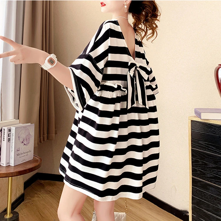 中长款纯棉短袖t恤女夏大码胖mm显瘦遮肚条纹后背蝴蝶结百搭上衣