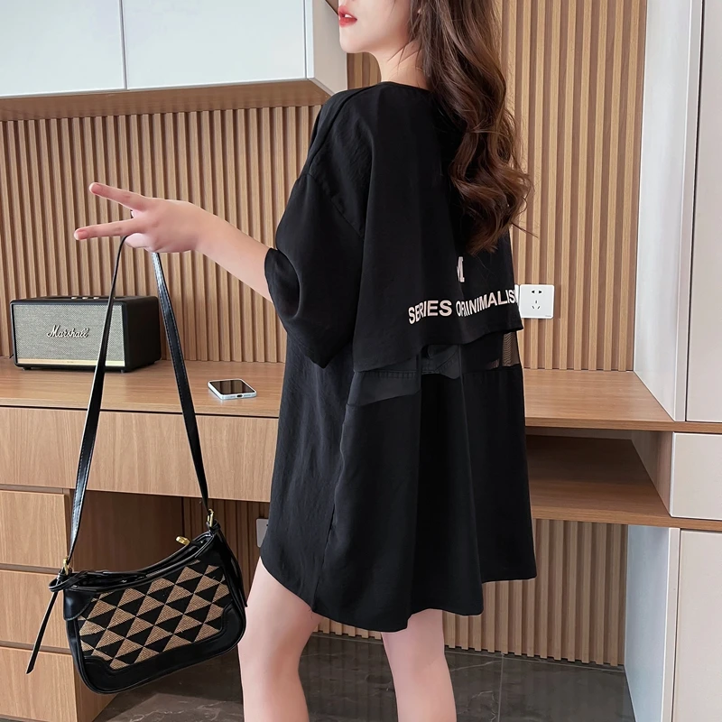 2024新款夏季欧货大版t恤大码胖mm宽松显瘦网纱拼接洋气女装上衣