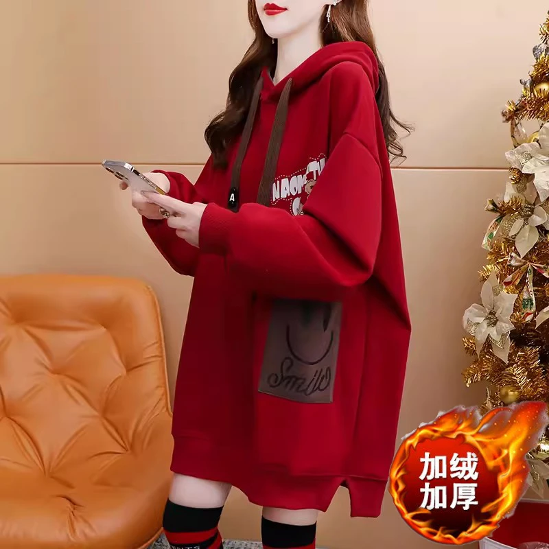 美式纯棉中长款遮臀红色大码连帽卫衣女ins风学生秋冬季加绒加厚