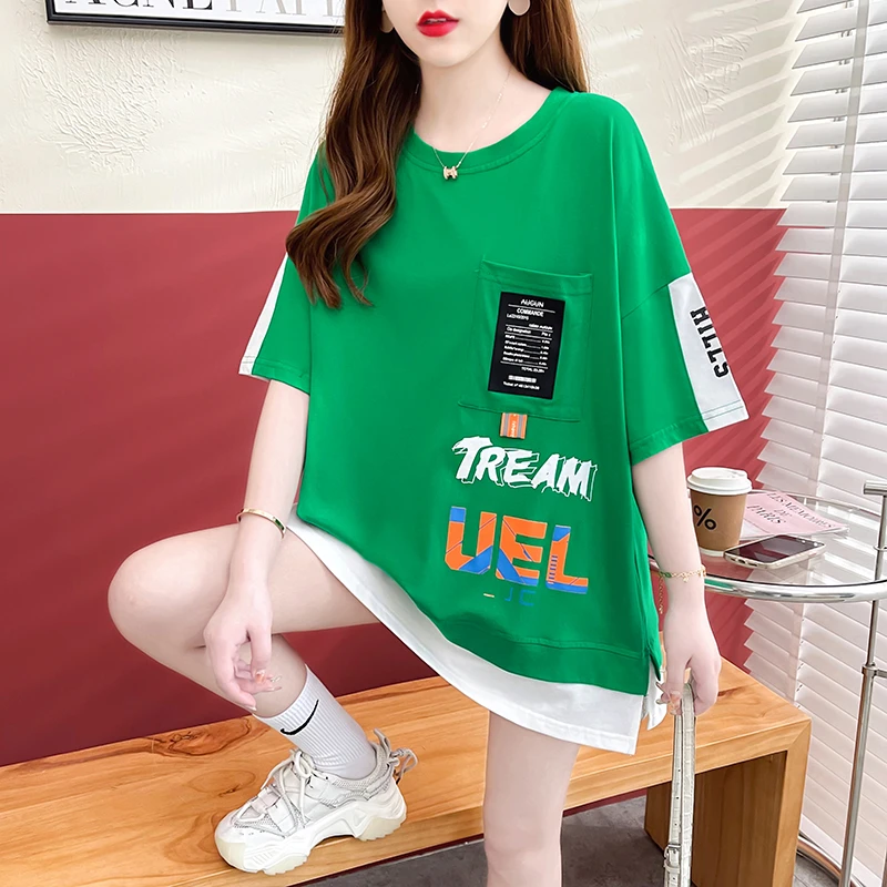 设计感韩版洋气短袖t恤女中长款大码宽松胖mm遮肉显瘦潮款上衣夏