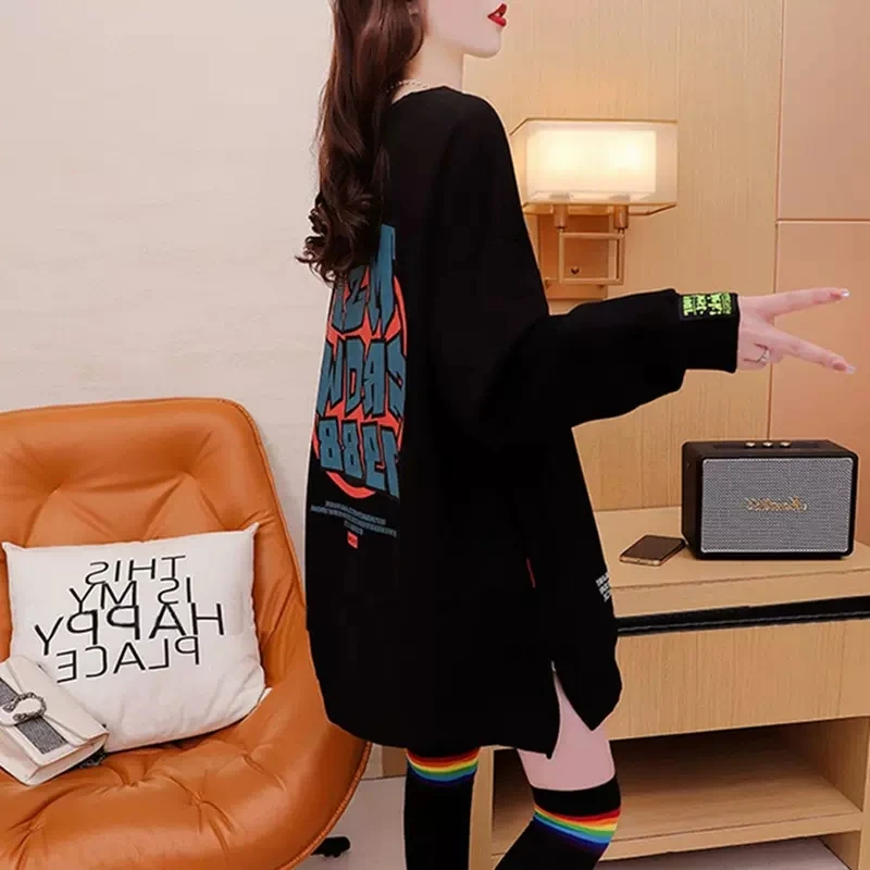 胖mm洋气中长款大码纯棉卫衣女遮屁股宽松秋冬加绒加厚慵懒风上衣