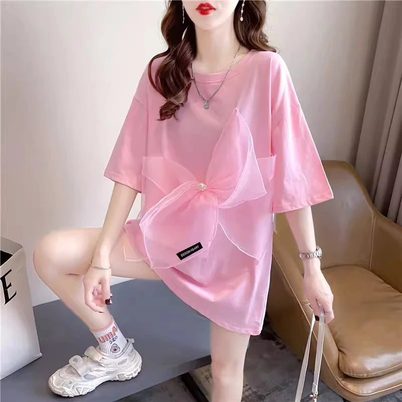 中长款纯棉短袖宽松大版t恤女大码胖mm中长款网纱蝴蝶结拼接上衣