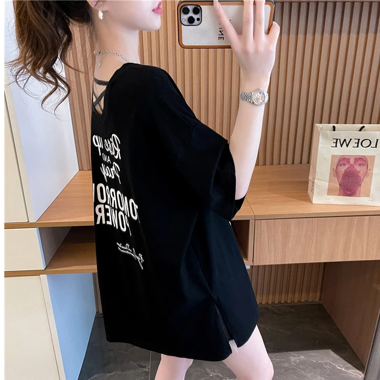 中长款纯棉短袖网红款宽松大版t恤女大码夏季设计感小众露背上衣