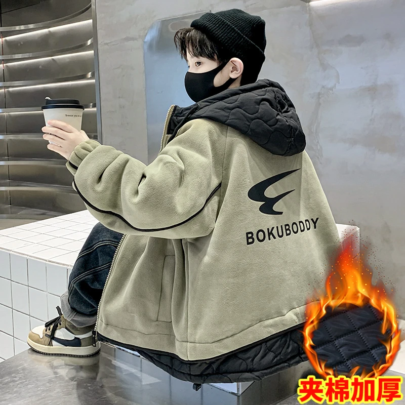 儿童装男童冬装夹棉加厚外套2025新款中大童冬季男孩洋气摇粒绒潮