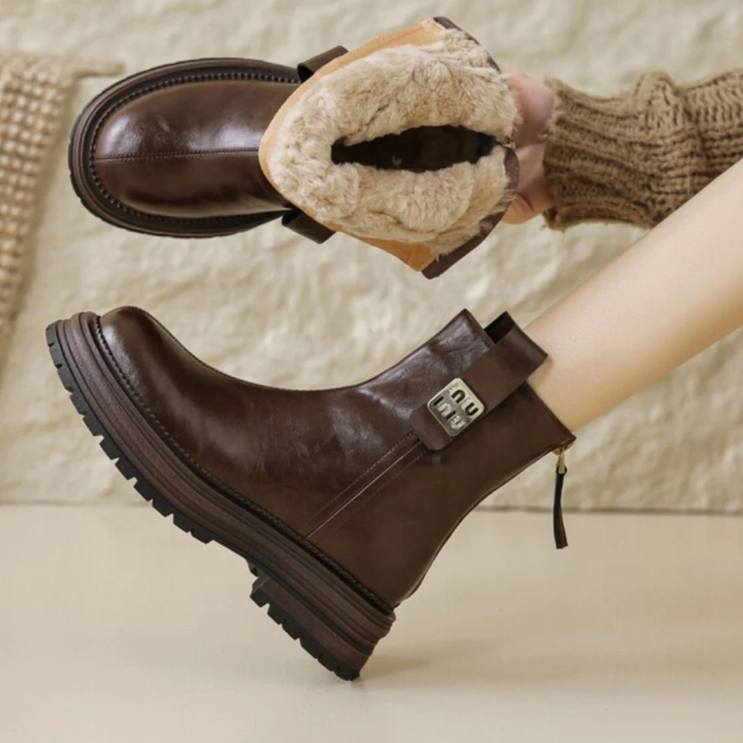 复古百搭真皮厚底马丁靴女2024冬季加绒保暖短靴雪地靴ZQ102