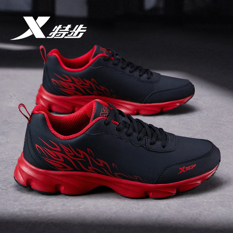 特步男鞋冬季红色软底运动鞋男士休闲鞋子新款正品皮面减震跑步鞋