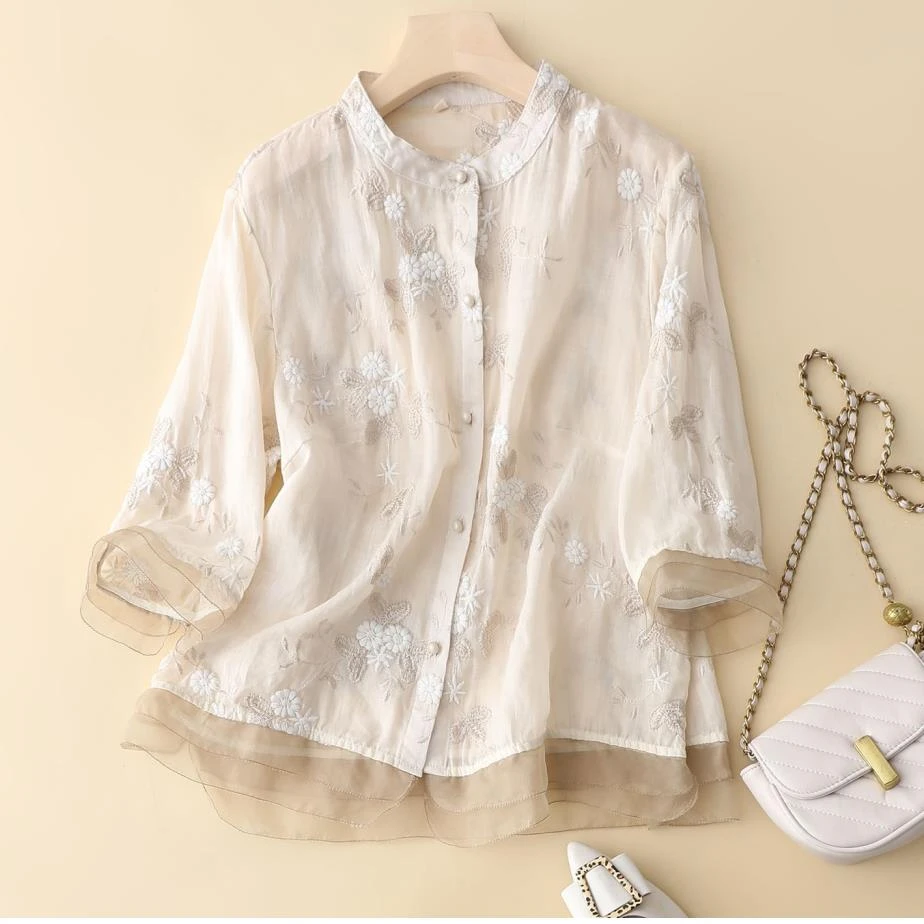 重工刺绣苎麻上衣女七分袖棉麻蕾丝拼接小衫女文艺复古