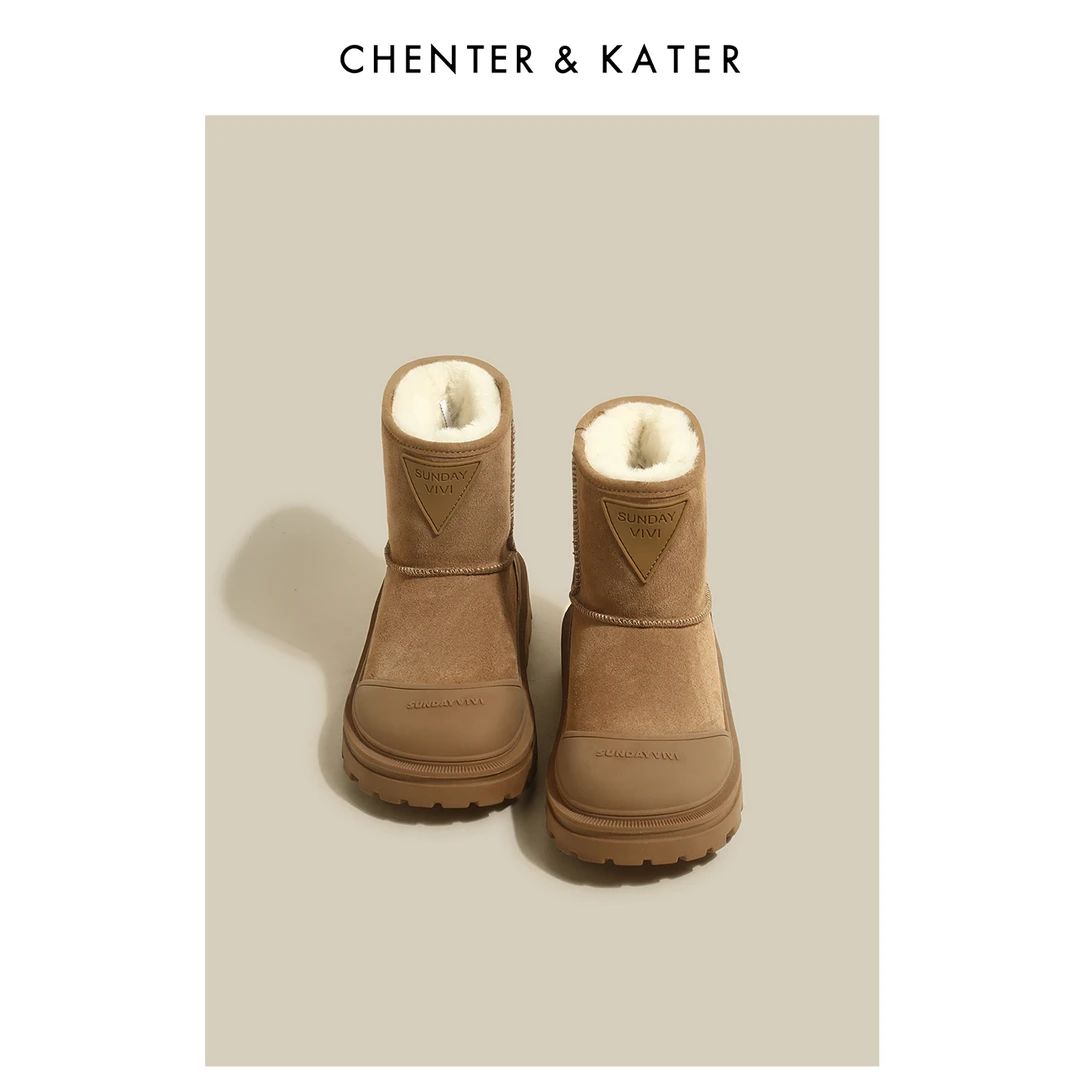 CHENTERKATER雪地靴女2024冬季新款牛皮加绒厚底棉鞋