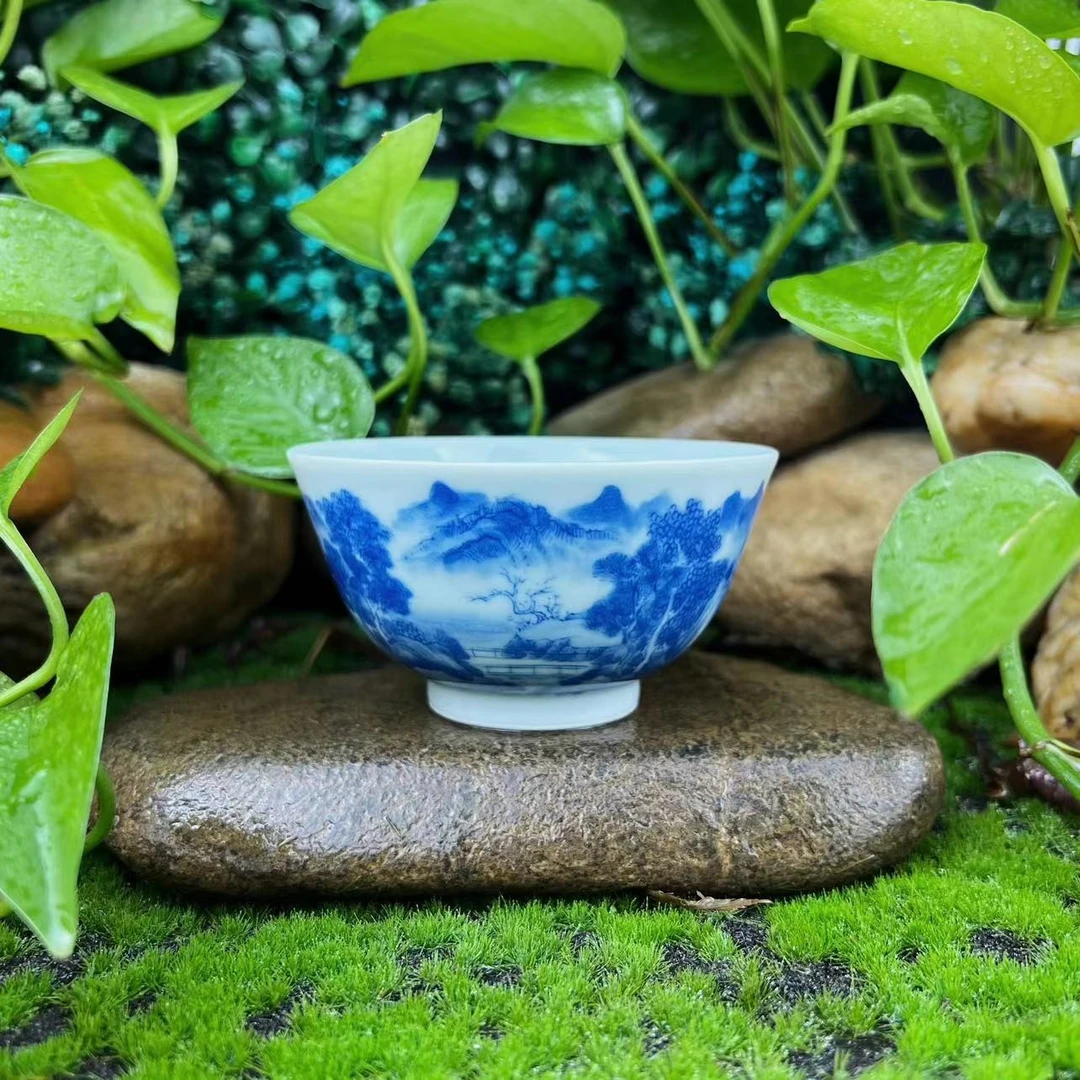 沐窑茗溪 山水主人杯景德镇纯手工柴窑青花山水高端茶器品茗杯