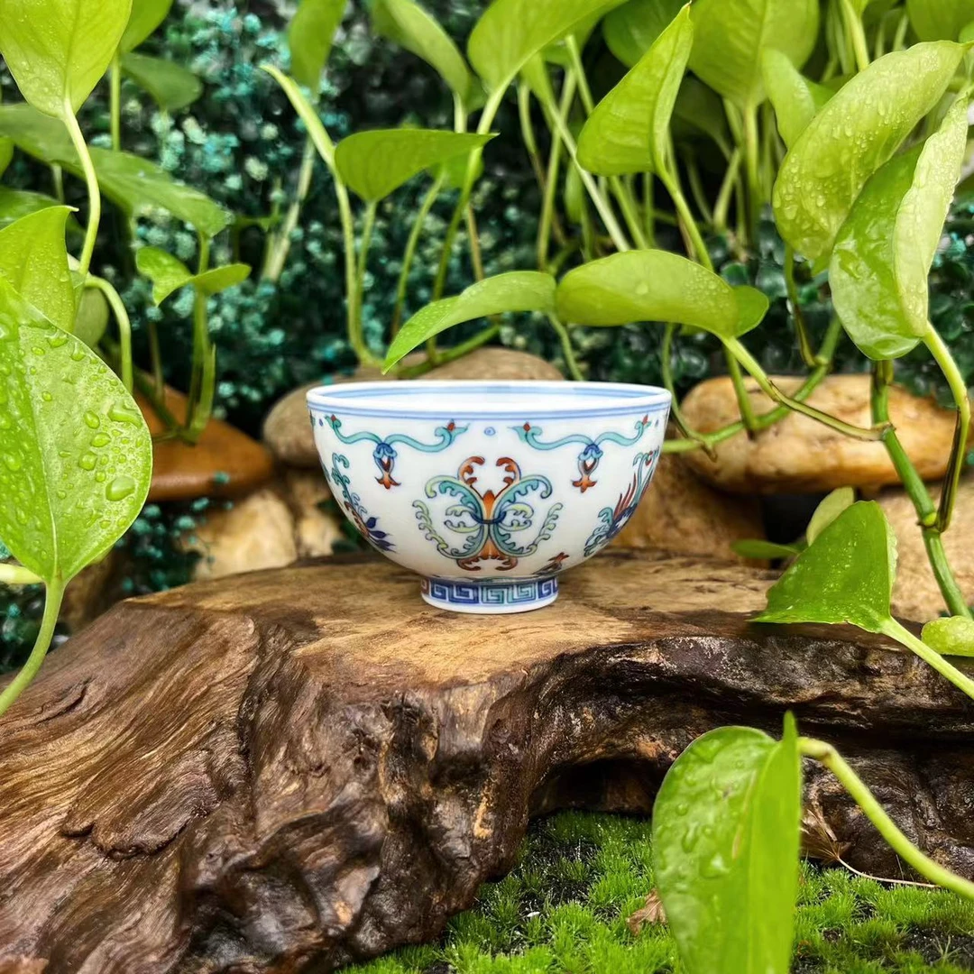 瓷情陶意 斗彩忍冬鸡心杯景德镇柴窑青花斗彩经典忍冬纹主人杯