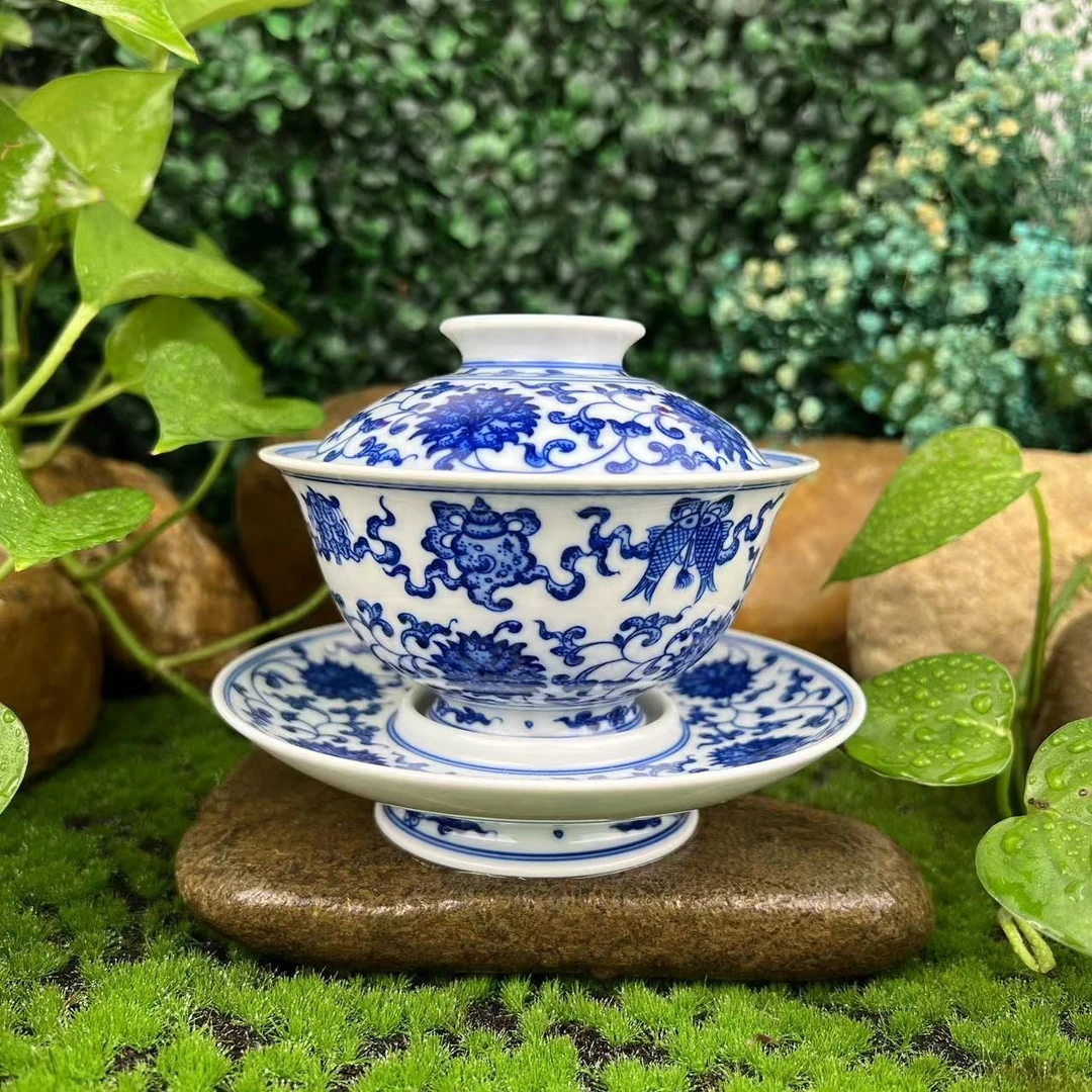 沐窑茗溪 莲托八宝盖碗 景德镇柴窑纯手工点工缠枝八宝三才盖碗