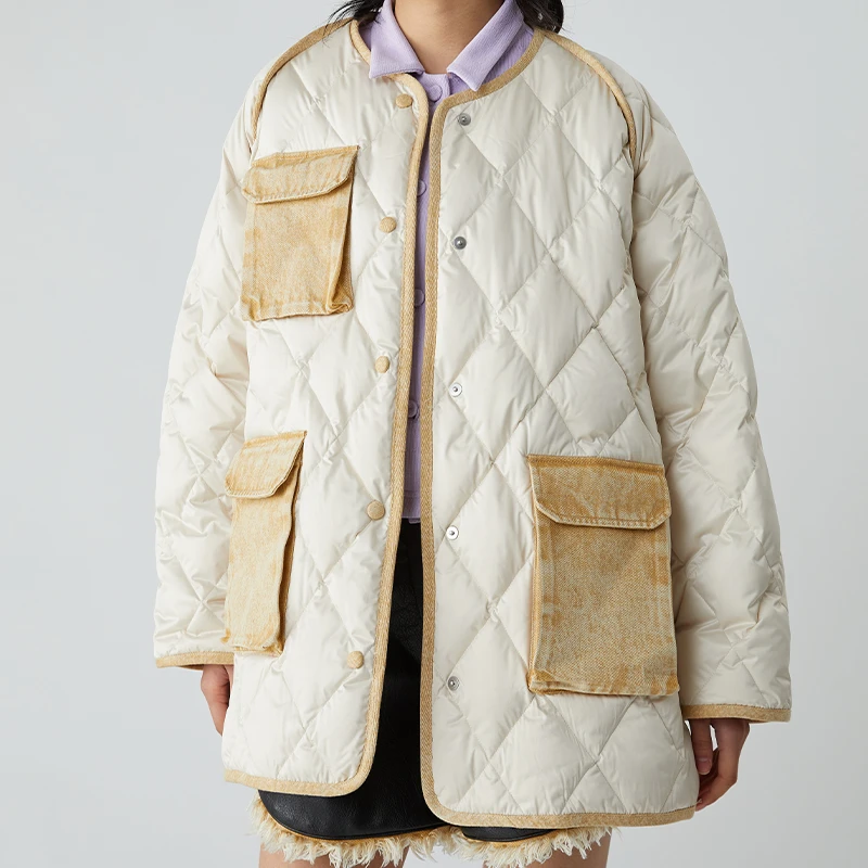 夹生HALF MADE米色多袋牛仔拼接羽绒服宽松保暖
