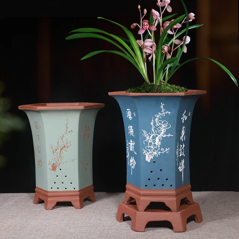 精品紫砂花盆兰花盆君子兰盆景盆室内大号古典六方陶瓷花盆专用
