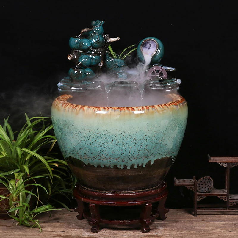 景德镇陶瓷金鱼缸阳台办公室客厅落地家用循环流水摆件庭院大鱼缸