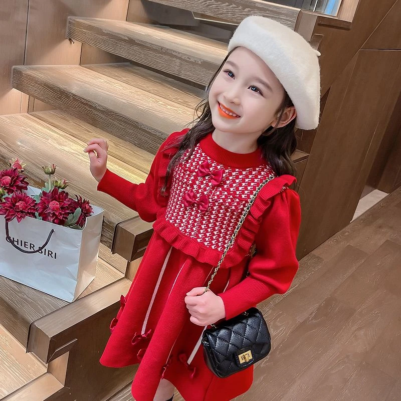 巴拉拉吧女童2023冬季新款毛衣裙子儿童女宝秋冬公主裙红色加绒针