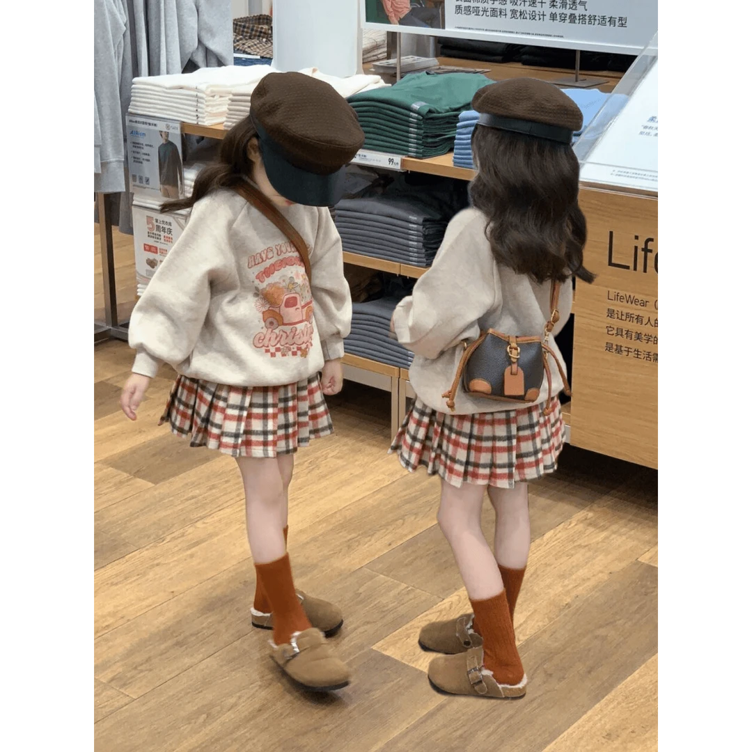 韩国儿童套装春秋印花加绒卫衣女童洋气时髦格子百褶裙半裙两件套