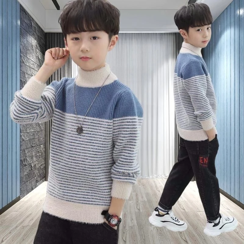 巴拉拉吧儿童毛衣男童水貂绒新款加厚秋冬高领打底衫洋气中大童条