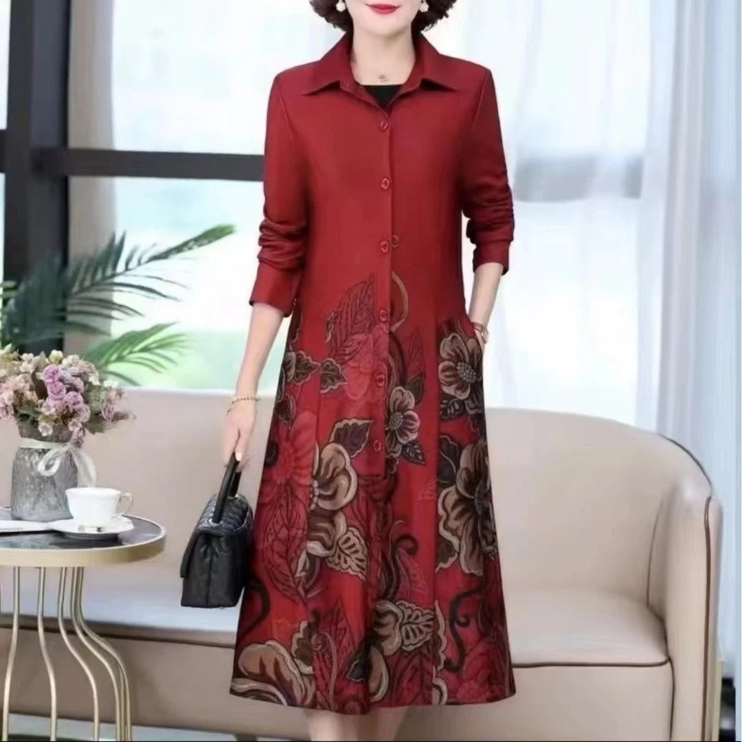 春季中老年女装风衣外套时尚中长款妈妈装遮肉显瘦洋气提花长袖