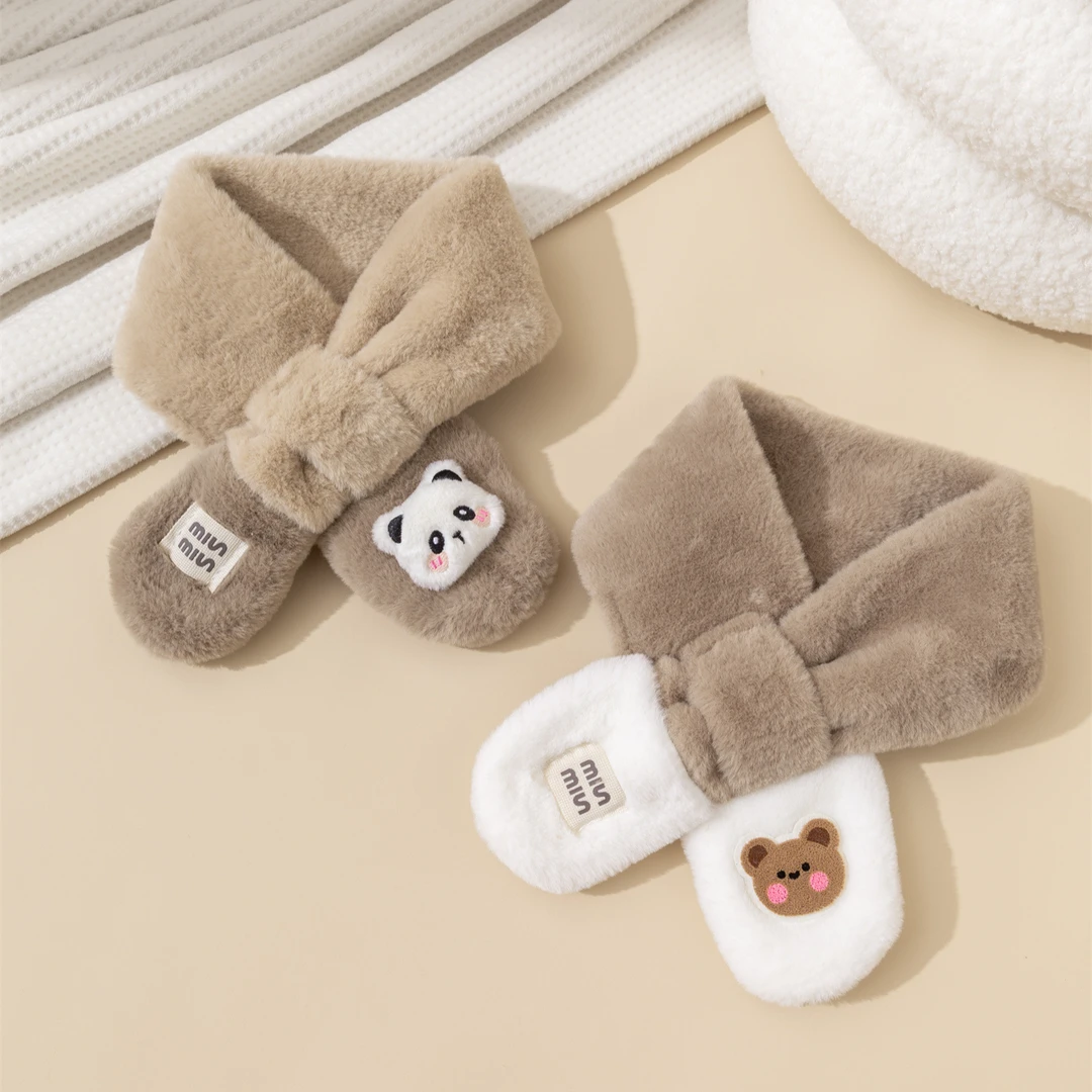 卡通儿童毛绒围巾冬季保暖交叉脖套男女宝宝加厚防风护脖毛绒围脖