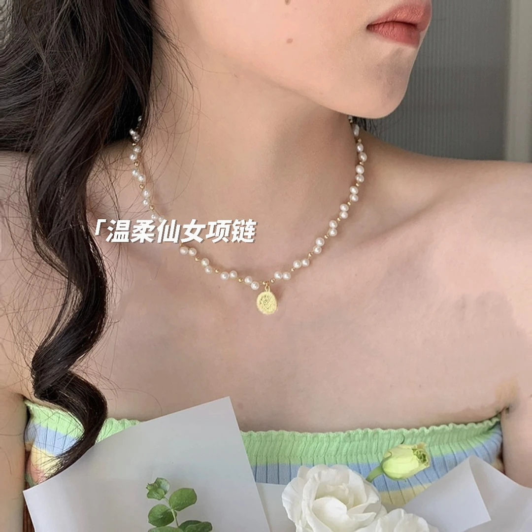 铜合金项链 美人胚珠珠浪漫气质编织项链仙女颈链 轻奢百搭手工