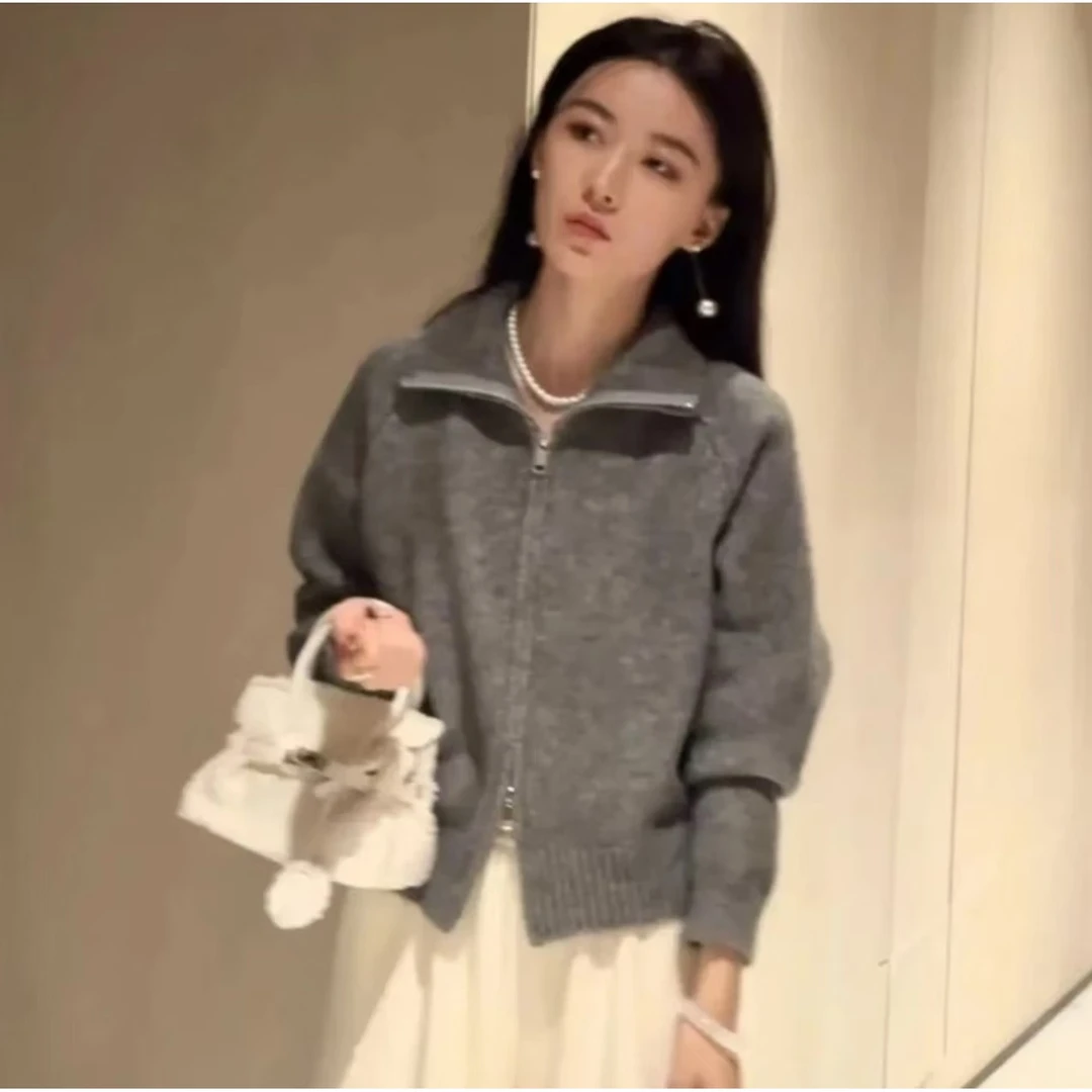 百搭慵懒风毛衣外套女秋冬新款韩系立领拉链针织开衫上衣时尚