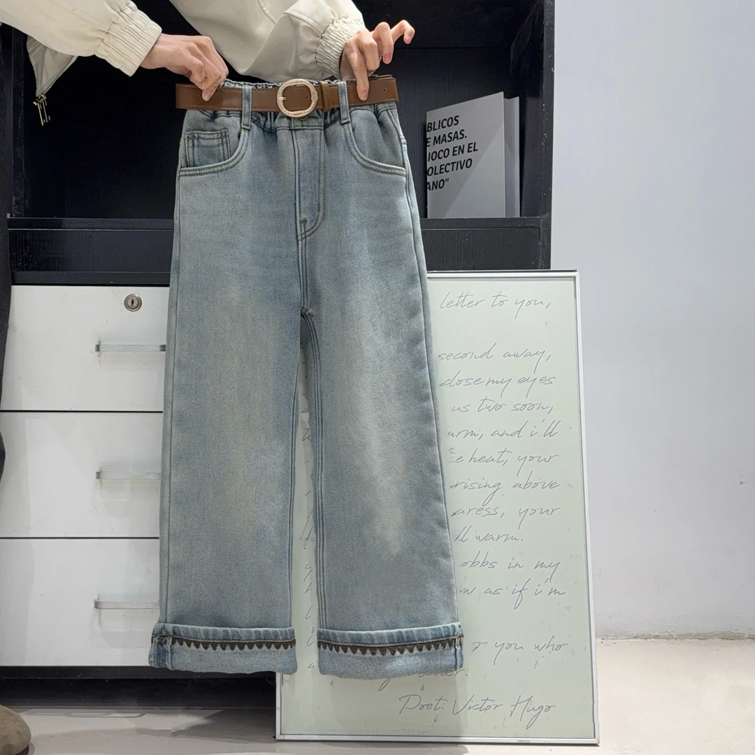 Q999秋冬儿童新款浅色简约口袋一体绒牛仔裤