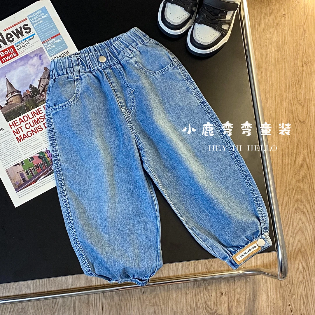 浅色-X896-夏季儿童新款薄牛仔脚口扣袢九分裤