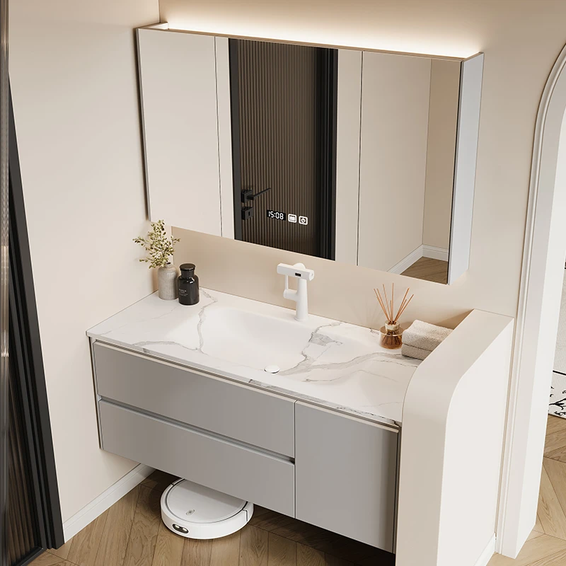 橡木烤漆岩板热弯一体盆现代卫生间浴室柜组合智能镜柜洗脸漱台盆