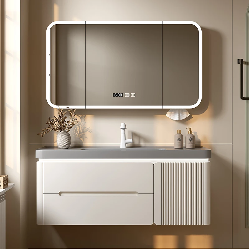 橡木烤漆奇美石一体盆现代卫生间浴室柜组合智能镜柜洗脸漱台盆