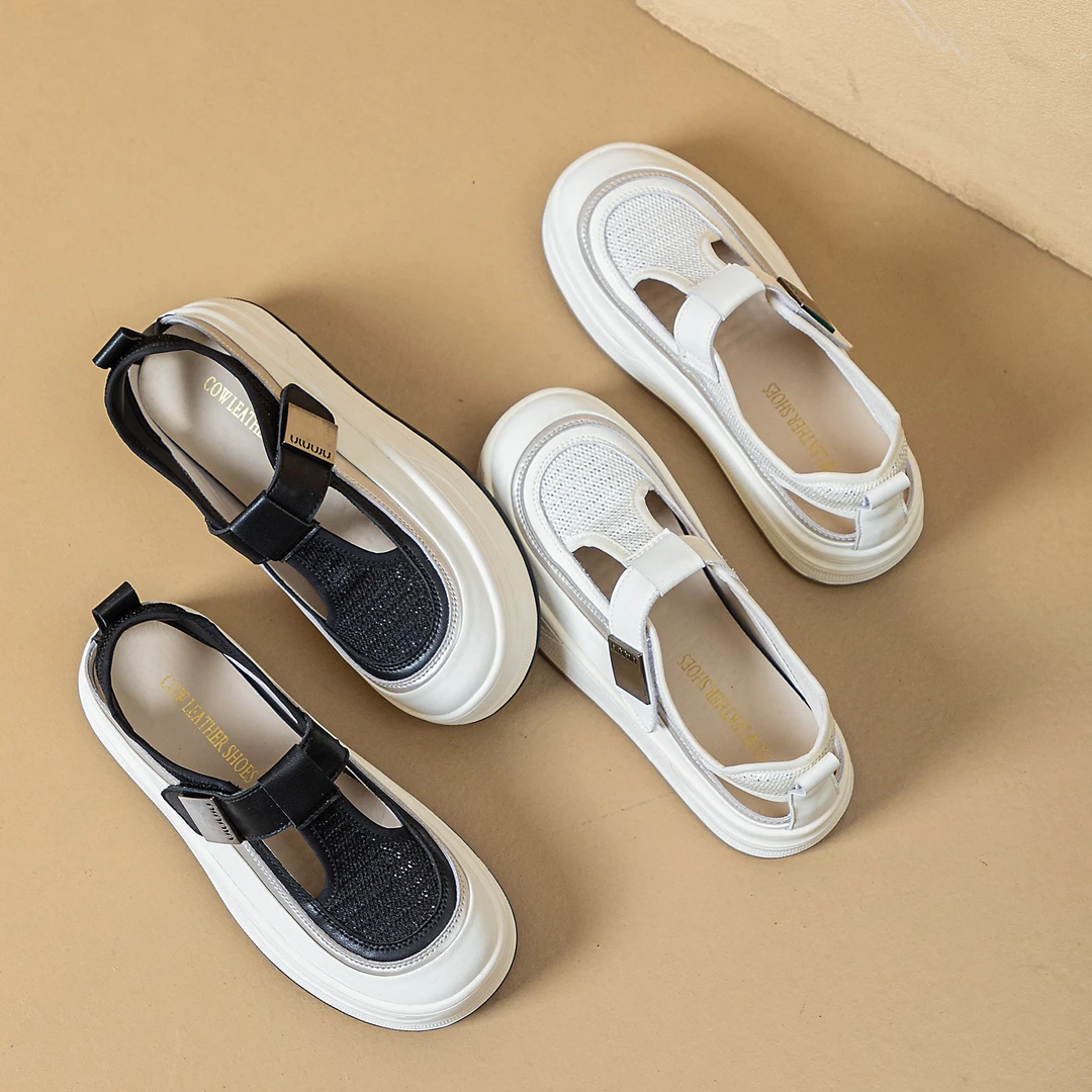 2024新款夏季真皮网面包头凉鞋女时尚百搭休闲软底平底单鞋女9060