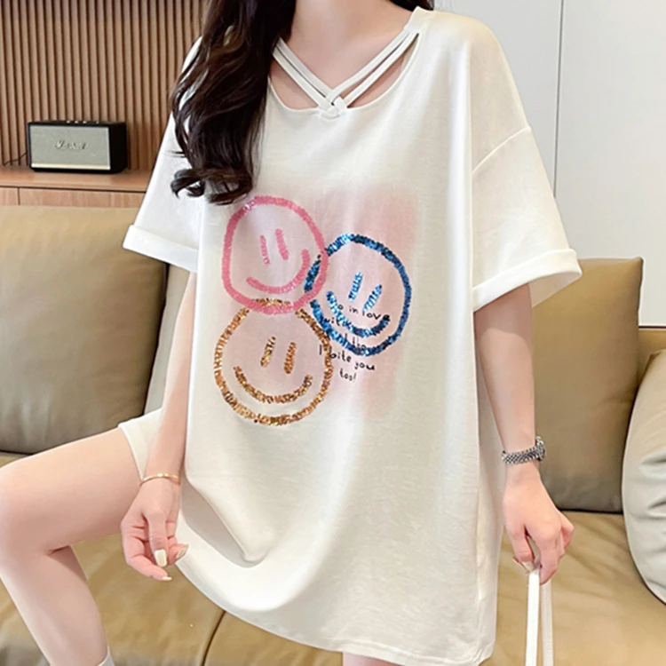 设计感小众短袖t恤女夏季韩版宽松大码女装百搭小个子中长款上衣