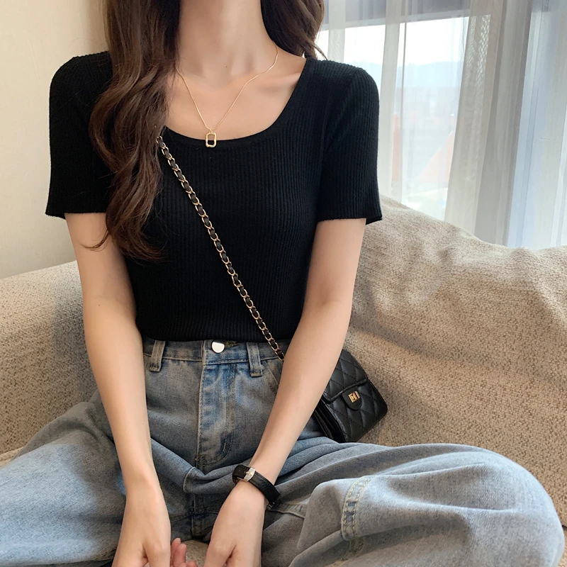 2025新款修身紧身冰丝短袖打底针织衫女圆领t恤上衣服洋气薄款