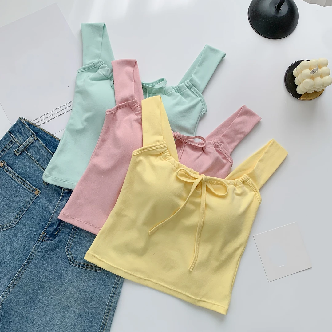 新款纯欲甜辣设计感吊带背心女外穿内搭带胸垫修身蝴蝶结美背上衣