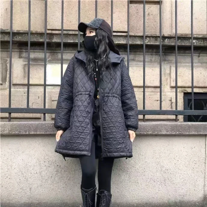 006款黑色米白色菱格连帽yr棉服外套个别微瑕