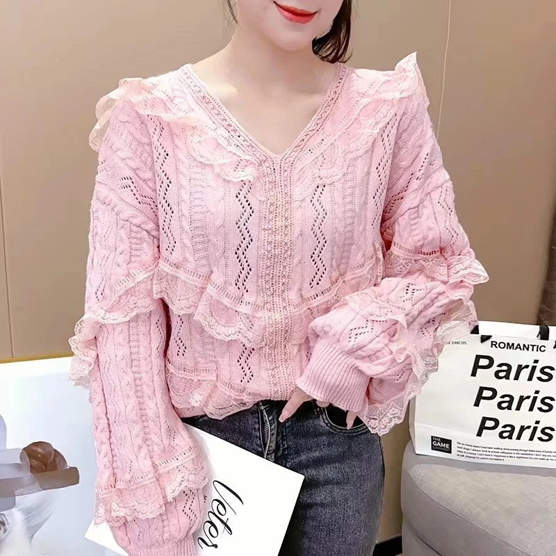 8803款蕾丝拼接镂空款毛衣个别微瑕