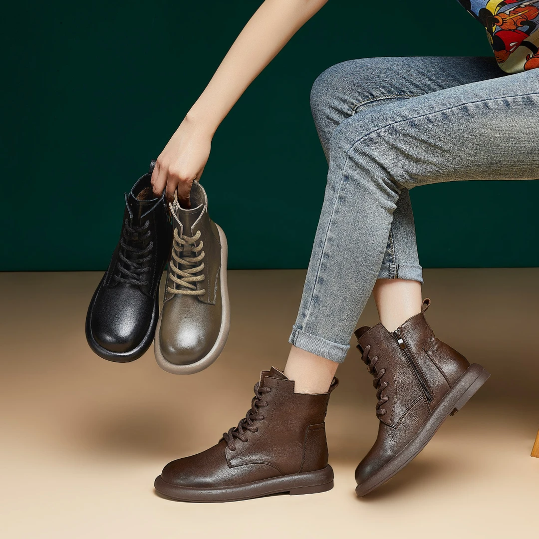 Oulisasi头层牛皮马丁靴2024牛皮加厚绒毛中筒靴侧拉链设计师款软