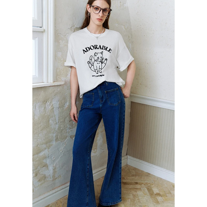 UR夏季新款女装趣味休闲撞色猫咪印花短袖T恤UWU440155