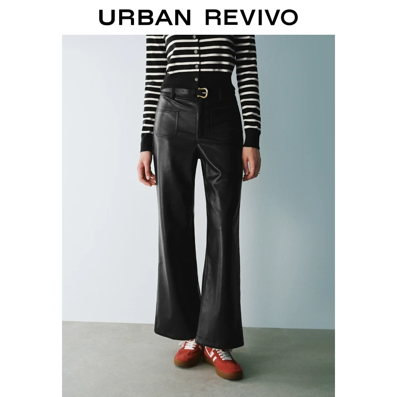 UR2024秋冬新款女装摩登质感双口袋高腰皮质阔腿裤UYU640013