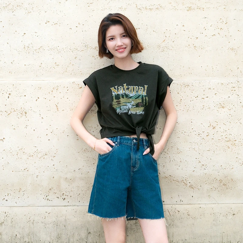 UR新款女装简约时尚印花开衩圆领短袖T恤衫UWL440160