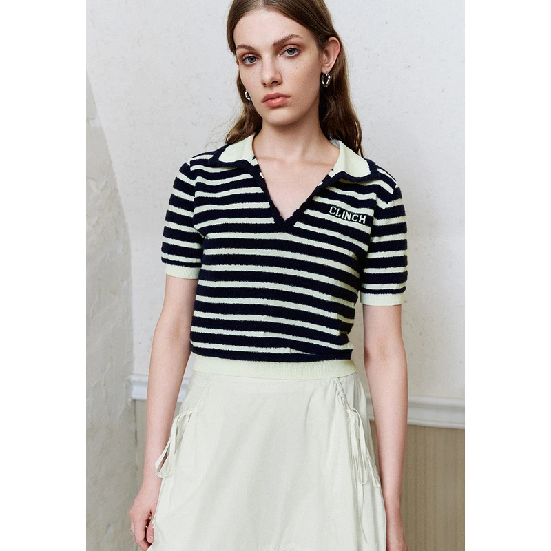 UR女装气质撞色字母条纹短袖针织衫UWU940190