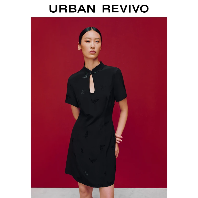 【新中式】UR夏季新款女装气质收腰暗纹刺绣盘扣连衣裙UWG740186