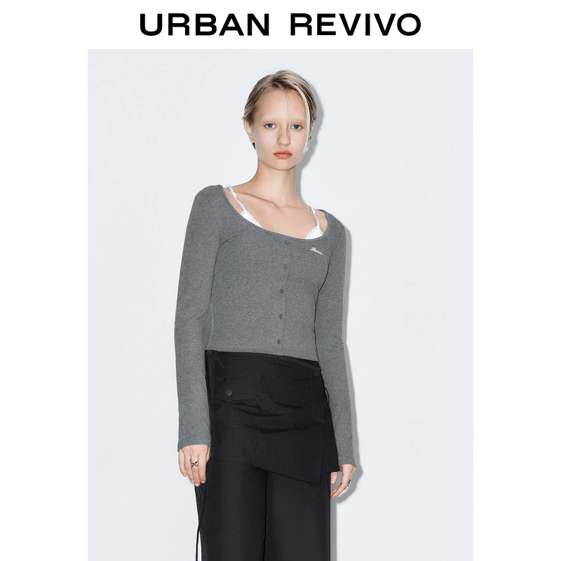 UR新款女装简约百搭显瘦辣妹风假两件字母刺绣修身T恤UYV440115