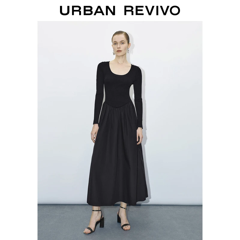 UR秋冬新款女装气质设计感拼接修身长袖连衣裙UWG930128