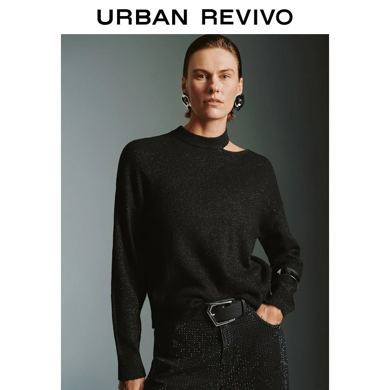 UR2024冬季新款女装设计感气质露肩短款针织衫UWM940085