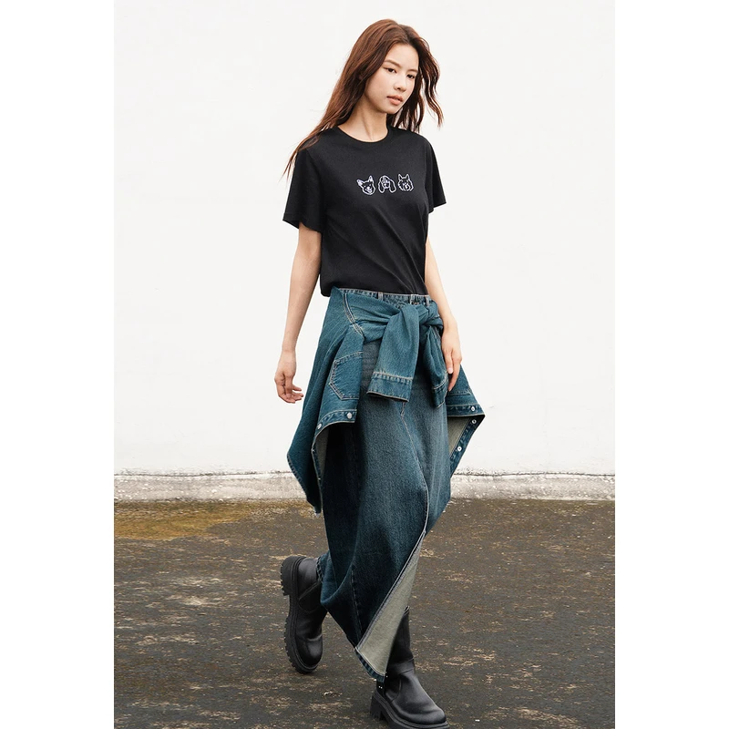 UR女装复古休闲开衩长款显瘦牛仔半裙UWG840215