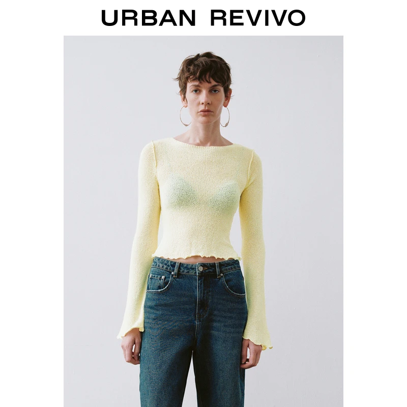 UR2024秋冬新款女装简约木耳边肌理感修身针织衫UWM940017