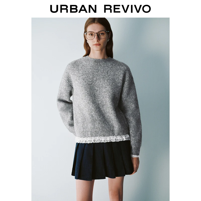 UR2024冬季新款女装芭蕾风拼接蕾丝假两件针织衫UYU940037